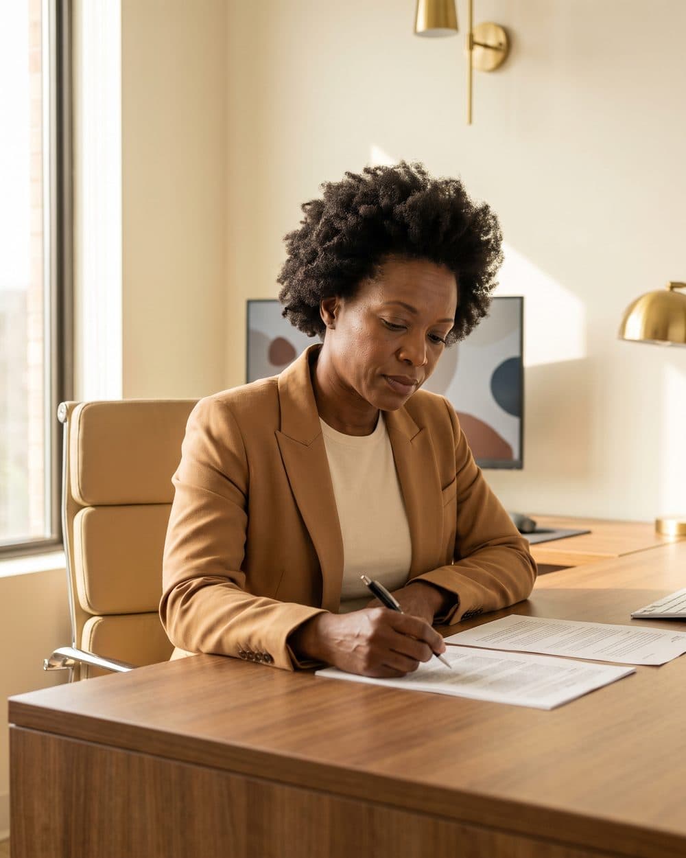 A firm owner reviewing deal sheets at her desk